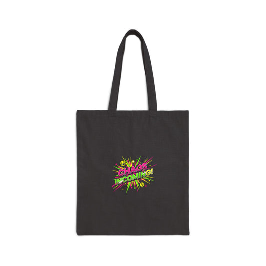 Chaos Incoming Tote | Slogan & Glitch Graphic, Meme Phrase Canvas
