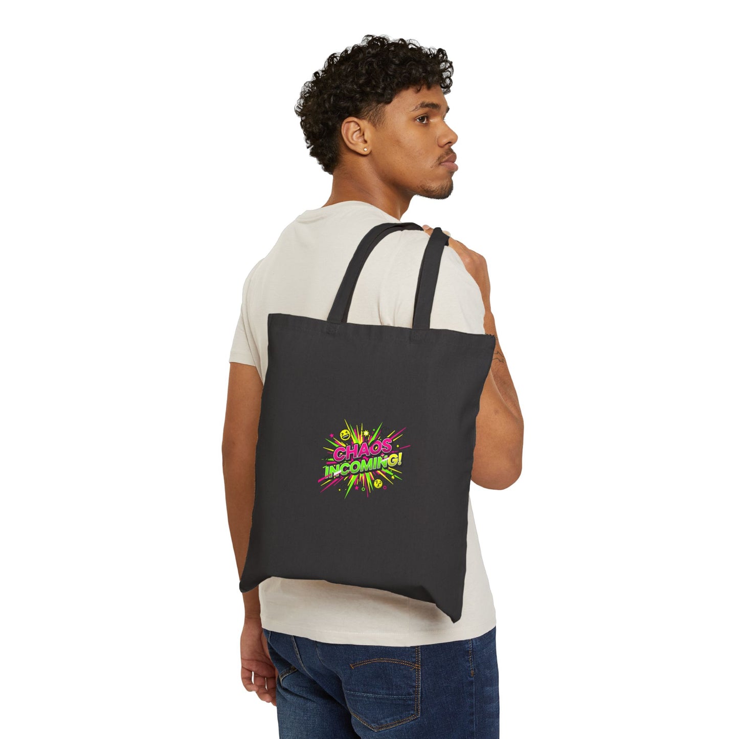 Chaos Incoming Tote | Slogan & Glitch Graphic, Meme Phrase Canvas