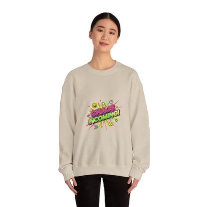 CHAOS INCOMING! Sweatshirt | slogan & glitch graphic, meme phrase shirt