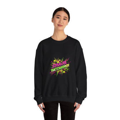 CHAOS INCOMING! Sweatshirt | slogan & glitch graphic, meme phrase shirt